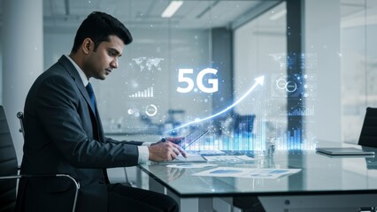 South Asian businessman works with tablet in modern office, analyzing 5G technology growth and data analytics visualizations