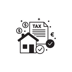 House with Tax Paper Icon, Money Icon, and Green Checkmark: Real Estate Financial Compliance