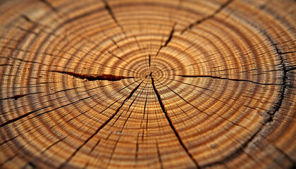 Close-up of a cut tree trunk, showing the pattern of its growth rings.