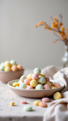 A bowl of colorful, dye-free candy sitting on a table with scattered candies around it, giving a sense of abundance and indulgence.