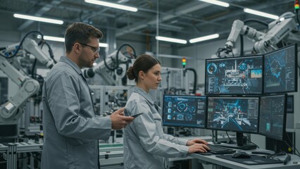 Obraz premium Caucasian male engineer and female engineer collaborate in advanced industrial setting with monitor screens showcasing data analysis and automation concepts