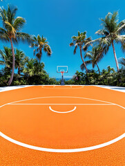 Orange basketball court amidst lush tropical foliage ocean view backdrop