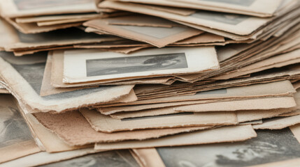 Vintage sepia toned photographs in a haphazard stack showcasing nostalgic memories and aged paper texture
