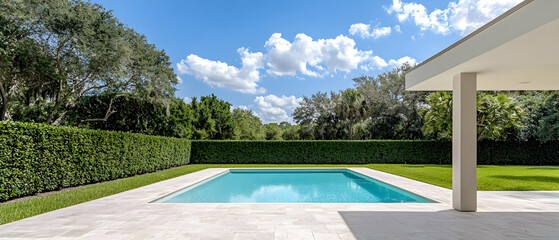 Inviting Backyard Oasis With Turquoise Swimming Pool Lush Green Landscaping And Modern Architecture Under A Bright Blue Sky