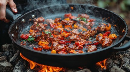 Outdoor cooking of seasoned meat and vegetables