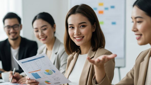 Asian woman presents financial charts in office with diverse colleagues Highlights teamwork, professionalism, and success in corporate settings