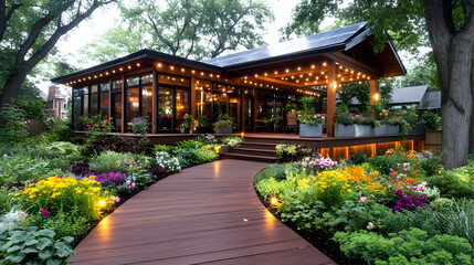 Obraz premium Illuminated garden path curving towards a modern home with a deck and solar panels Flowers and greenery surround the h