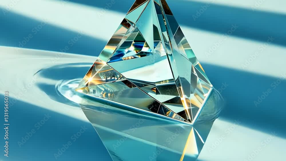 Poster a crystal pyramid rests on a smooth surface, reflecting vibrant colors and intricate patterns as lig