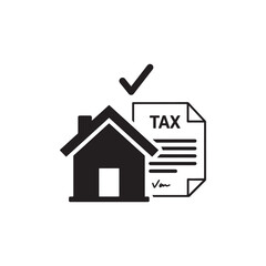 Property Tax Document Icon on House with Money Symbol and Checkmark for Real Estate Finance