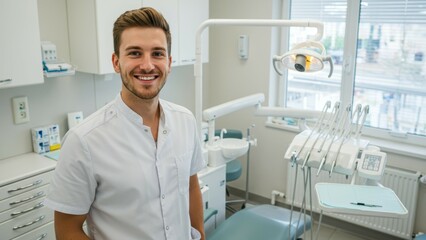 Fototapeta premium Caucasian male dentist smiling in modern dental clinic with dental equipment Focus on healthcare and wellness