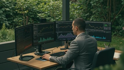 Caucasian businessman working in outdoor office with multiple screens displaying financial data and greenery around Focus on remote work