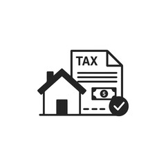 Real Estate Tax Approval Icon: House with Tax Document, Money Symbol, and Checkmark
