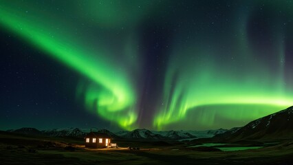 Icelandic cabin under northern lights in scenic landscape, showcasing natural beauty and tranquility