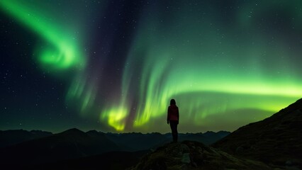 Fototapeta premium Person standing on mountain observing northern lights in wilderness at night Theme of exploration and serenity