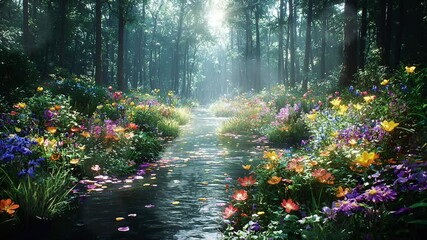 Enchanting forest stream, vibrant wildflowers, sunlit path, magical scene, idyllic nature, serene landscape, peaceful beauty, colorful flowers, tranquil forest.
