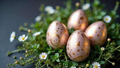 Fototapeta premium Elegant Easter eggs with gold accents and flowers on dark slate background
