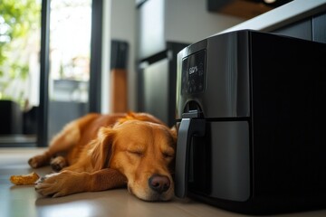 Cute dog relaxing beside a modern air fryer in a bright kitchen