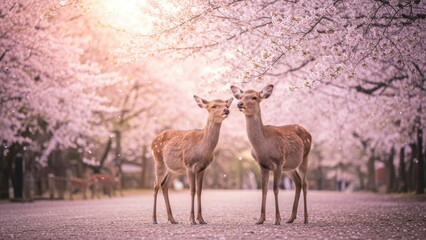 Two young deer cuddling under cherry blossoms in a Japanese garden during spring Themes of nature and wildlife