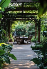 Obraz premium Tranquil Garden Pathway with Wooden Table and Chairs Surrounded by Lush Greenery and Natural Beauty in Peaceful Outdoor Setting