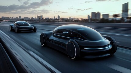 Naklejka premium Futuristic cars on highway at sunset city background. Possible stock use city, urban, future, cars, technology