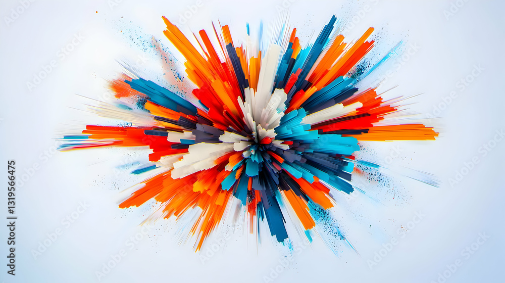 Poster three dimensional rendering of a vibrant explosion of colorful abstract shapes on a white background