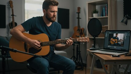 Obraz premium Caucasian man in 30s playing acoustic guitar in home studio setup, focused on music creation and recording