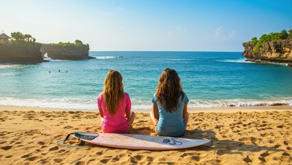 Two girls in colorful shirts sit on a sandy beach in Bali, looking at the ocean Concepts include friendship and summer vibes