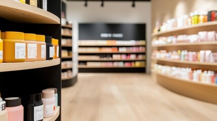 Modern Retail Store Interior Featuring Shelves of Beauty Products and Voucher Promotion for Upcoming Purchases