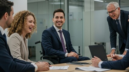 Obraz premium Caucasian, Hispanic, and Black business professionals in modern office discussing strategy while including a businessman in wheelchair, promoting diversity