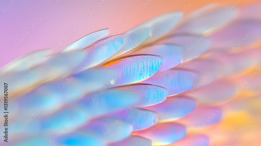 Poster an abstract macro photograph featuring iridescent layered shapes and colors