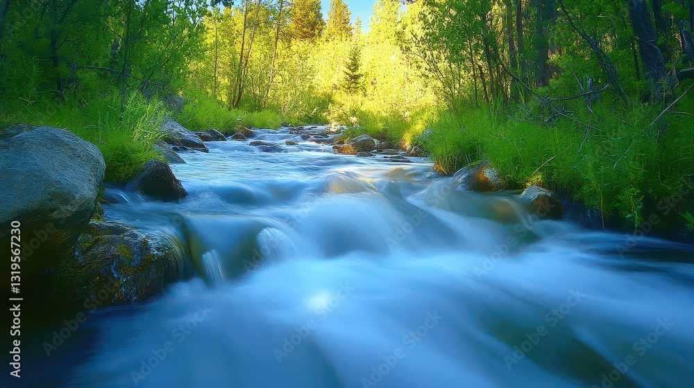 Poster serene river flowing through lush greenery with sunlight filtering through trees in the background