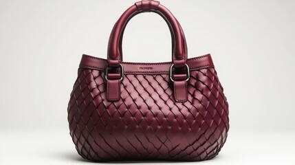 A sleek, burgundy handbag, crafted from woven leather with intricate details, is ready to elevate any look, whether for a glamorous evening affair or a relaxed weekend brunch.
