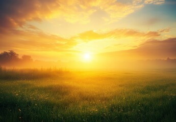 Tranquil Sunrise Over Misty Meadow With Golden Light Illuminating Lush Green Grass and Blooming Flowers in Serene Nature Landscape