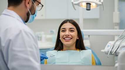Fototapeta premium Hispanic woman smiles during dental checkup with dentist in modern dental office emphasizing health and wellness