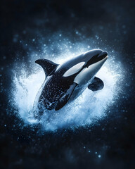 Obraz premium Orca leaping from ocean creating splash Dark moody background
