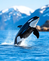 Obraz premium Orca leaping from ocean mountains background