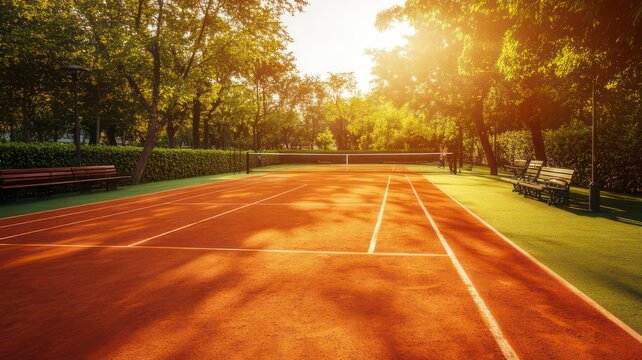 Serene Sunset Over an Empty Tennis Court Surrounded by Trees