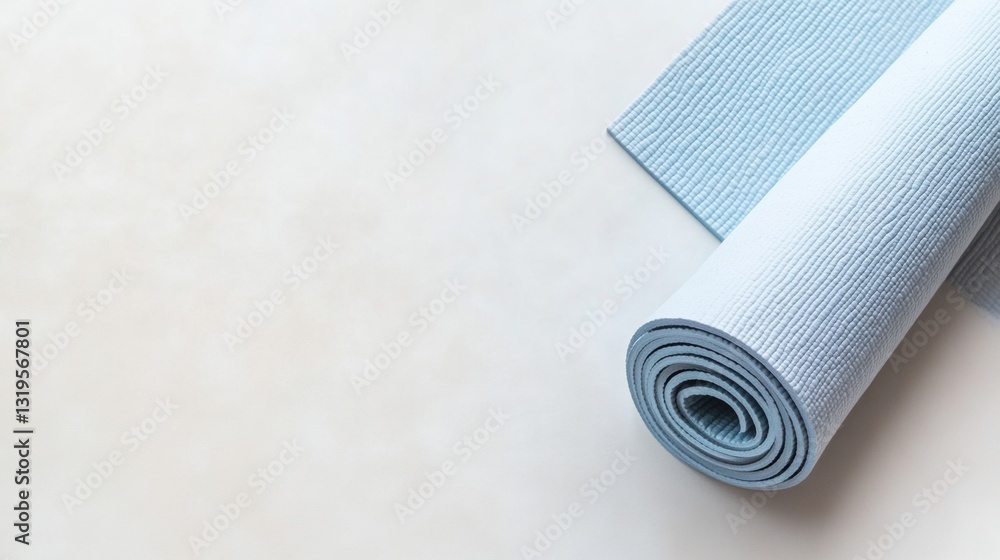 Poster Minimalistic yoga mat laying diagonally on a light background emphasizing clean design and ample space for relaxation and mindfulness activities