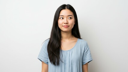 Fototapeta premium Asian woman with long black hair wears light blue shirt, smiling in studio Captures diversity and individuality