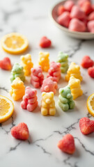 A colorful assortment of dye-free gummy candies with various shapes on a marble surface.