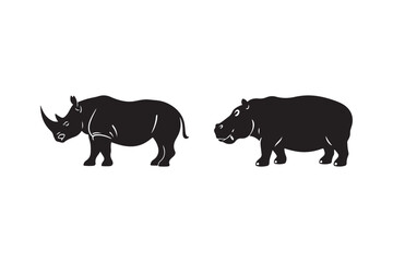 Silhouette Illustration of Rhinoceros and Hippopotamus in Minimalist Design