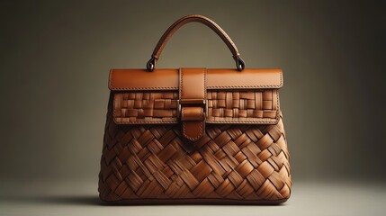 A sleek, brown handbag adorned with an intricate woven design, its craftsmanship showcased in a contemporary setting, radiating elegance and sophistication.