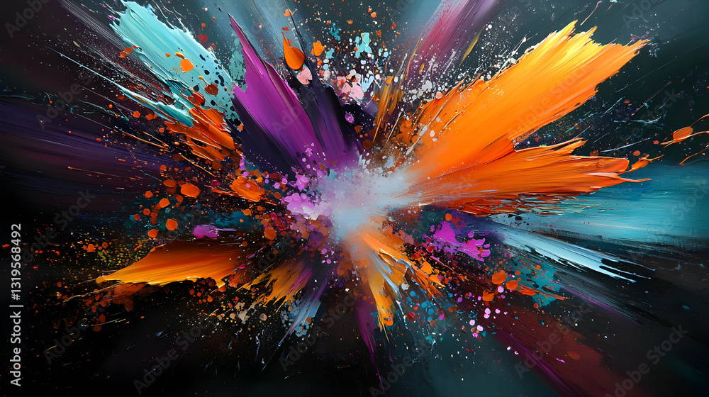 Poster a vibrant explosion of colorful paint splatter on a dark background with dynamic energy and motion