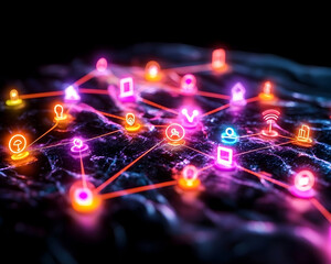 Fototapeta premium Illuminated network nodes interconnected symbolizing global connectivity and data exchange