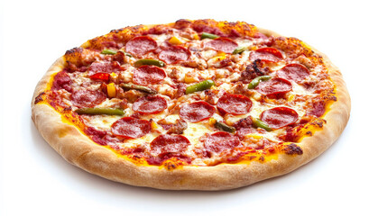 Peperoni-topped pizza with a white background