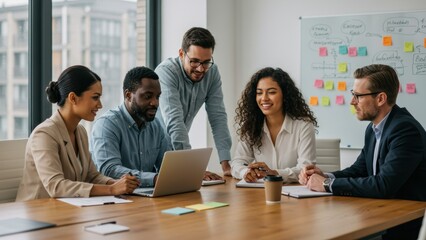 Obraz premium Mixed ethnicity office team collaborates on project in modern workspace Themes of diversity and teamwork