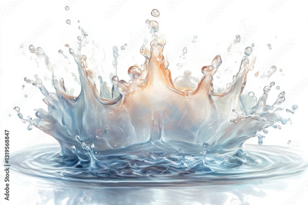Poster dynamic water splash with droplets merger and colorful reflection