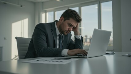 Fototapeta premium Caucasian businessman in formal attire at desk struggling with workload in modern office Reflects themes of stress and productivity