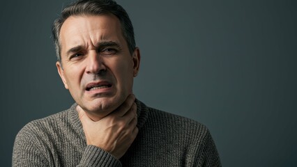 Obraz premium Middle aged Caucasian man with concerned expression chokes indoors, representing health issues and emotional distress