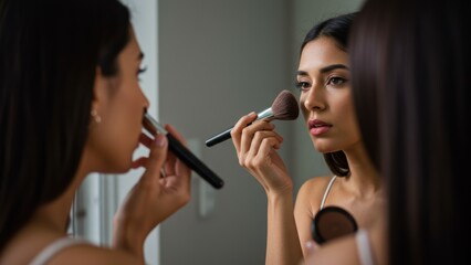 Latina woman applying makeup in bathroom mirror, showcasing beauty routine and self care practices